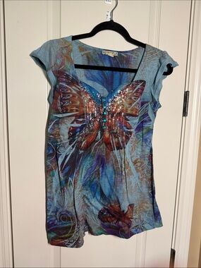 Energie Blue Multicolor Sequin Butterfly Scoop Neck Top